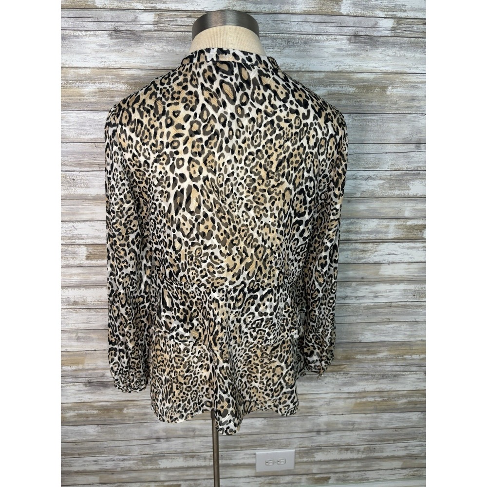 Chicos Small Leopard Print Ruffle Button Long Sleeve Sheer Top Women Size O - Picture 8 of 12
